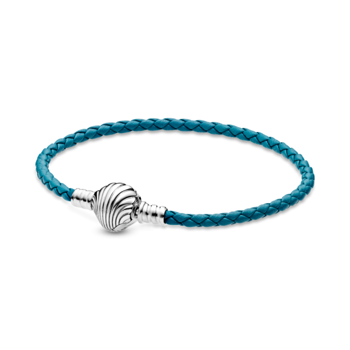 Pandora Moments Seashell Clasp Turquoise Braided Leather Bracelet